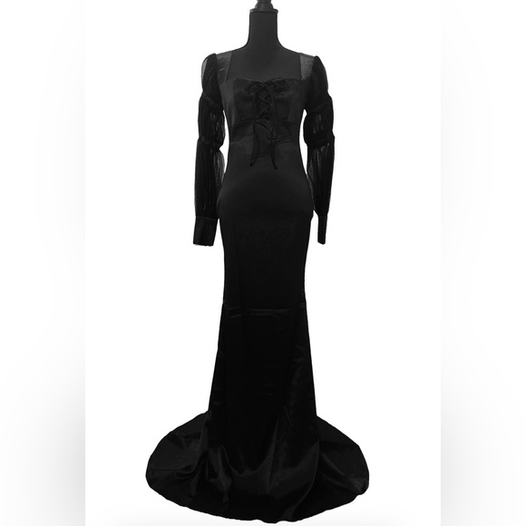Unholy Midnight Reverence Elegant Satin Long Puff Sleeve Maxi Dress - Picture 1 of 6